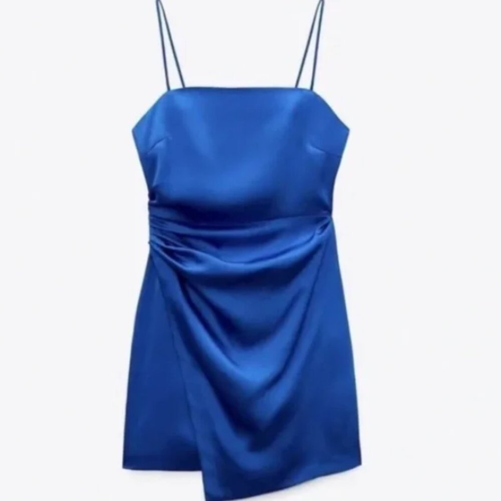 ZARA Size Small Cobalt Blue Satin Asymmetrical Mini Dress